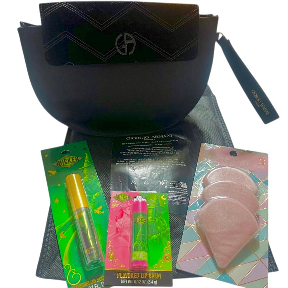 Giorgio Armani Satin/Velvet Clutch Wicked Lip Oil, Lip Balm & 3 Makeup Puffs NEW